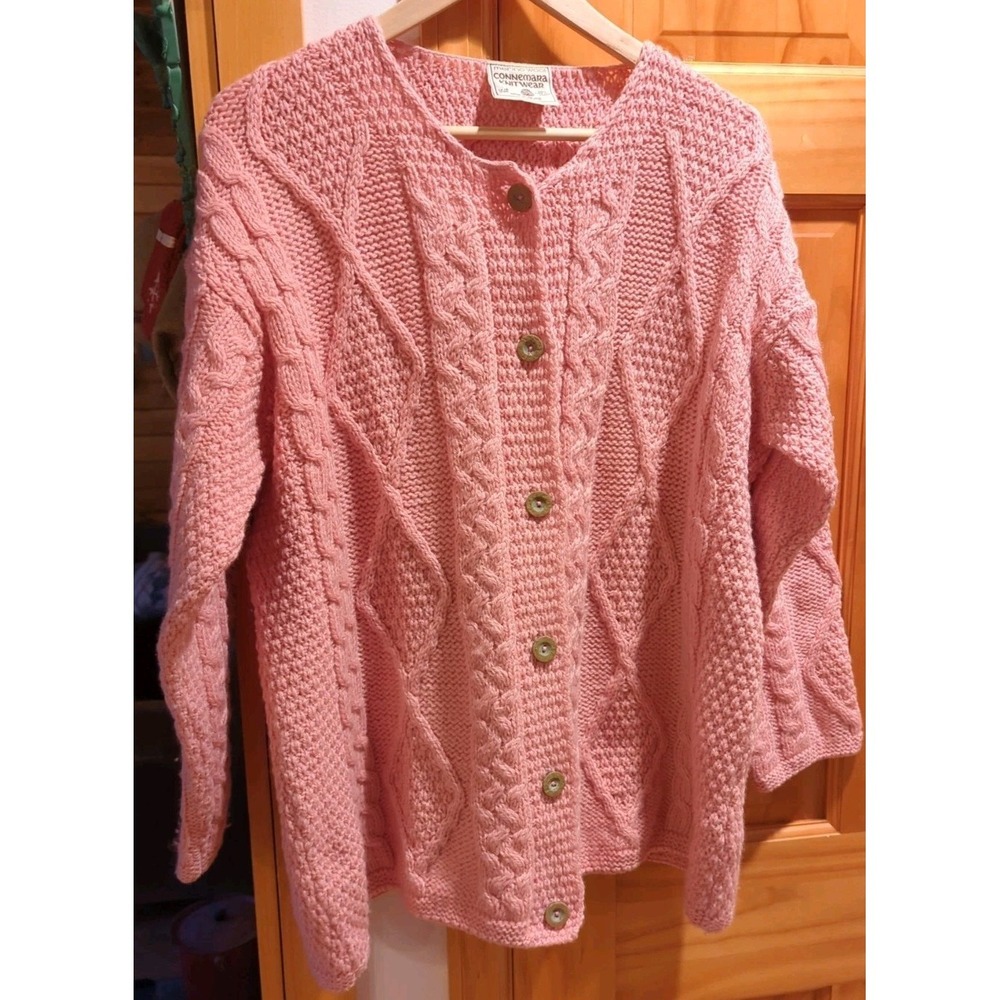 Connemara Ireland 100% Merino Wool Cable Knitwear Sweater Cardigan Pink Size L